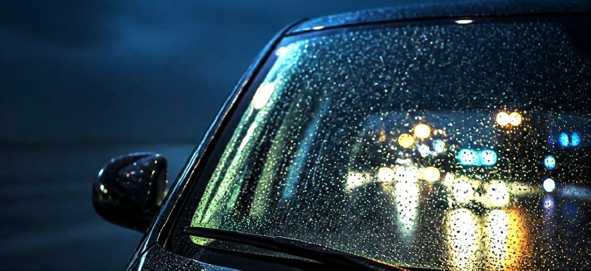 Pare-brise sous la pluie avec traitement de protection du verre